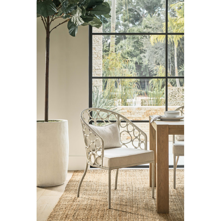 White Coastal Rattan and Cane Arm Chair with Upholstered Seat