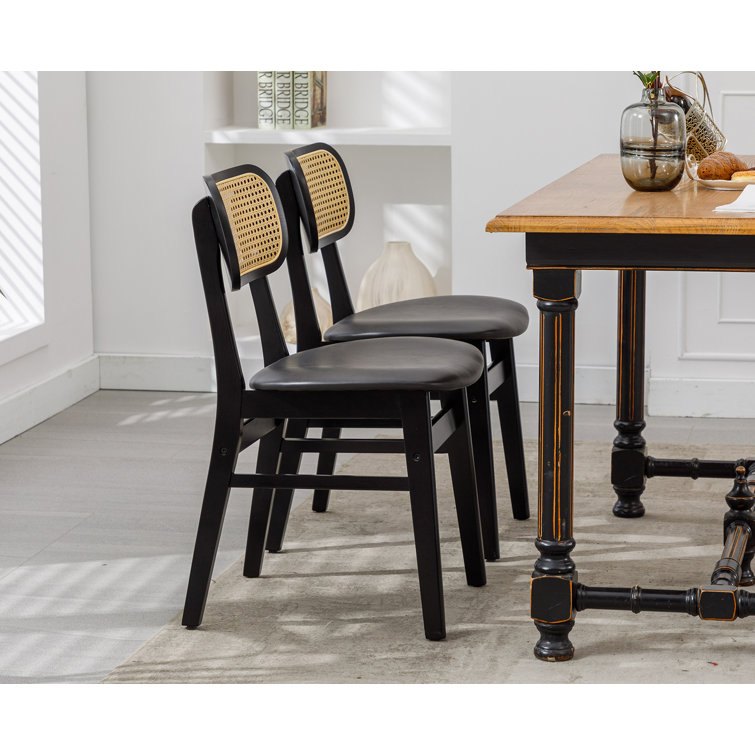 Black Faux Leather Upholstered Oak Wood Cane Back Side Chair Set