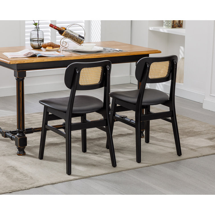 Black Faux Leather Upholstered Oak Wood Cane Back Side Chair Set