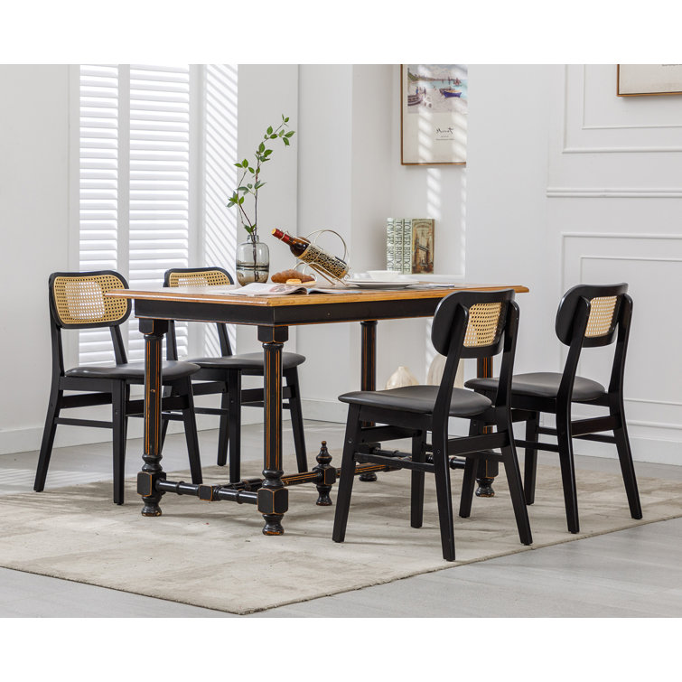 Black Faux Leather Upholstered Oak Wood Cane Back Side Chair Set