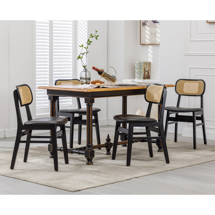 Black Faux Leather Upholstered Oak Wood Cane Back Side Chair Set