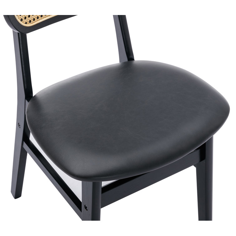 Black Faux Leather Upholstered Oak Wood Cane Back Side Chair Set