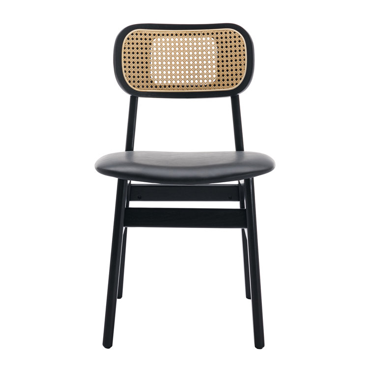 Black Faux Leather Upholstered Oak Wood Cane Back Side Chair Set