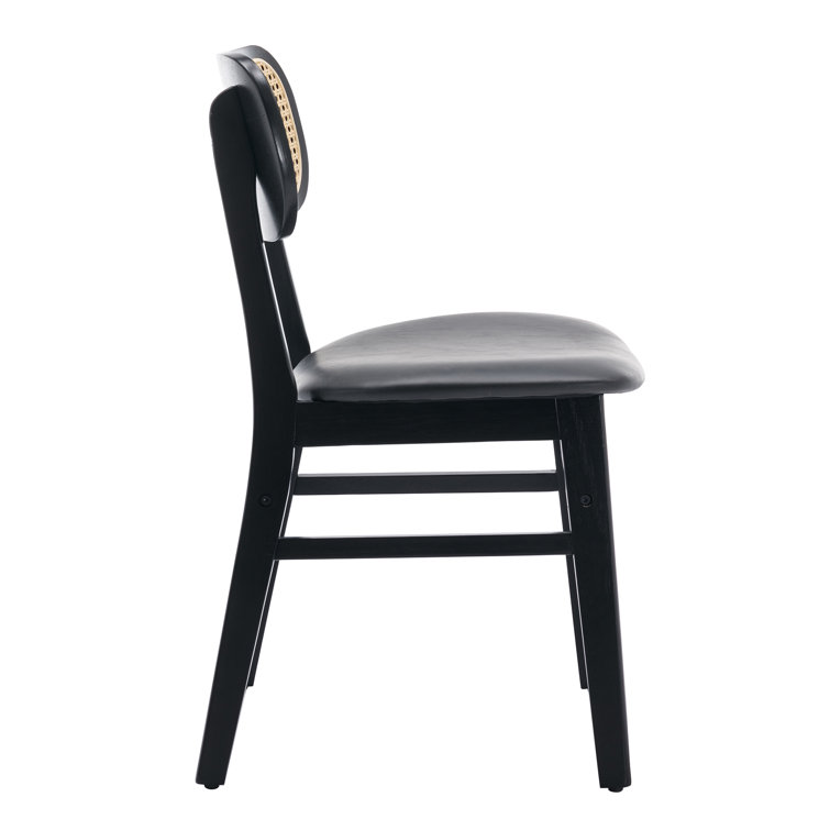 Black Faux Leather Upholstered Oak Wood Cane Back Side Chair Set