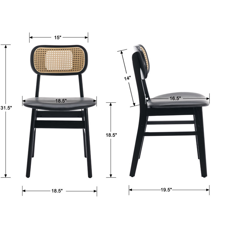 Black Faux Leather Upholstered Oak Wood Cane Back Side Chair Set