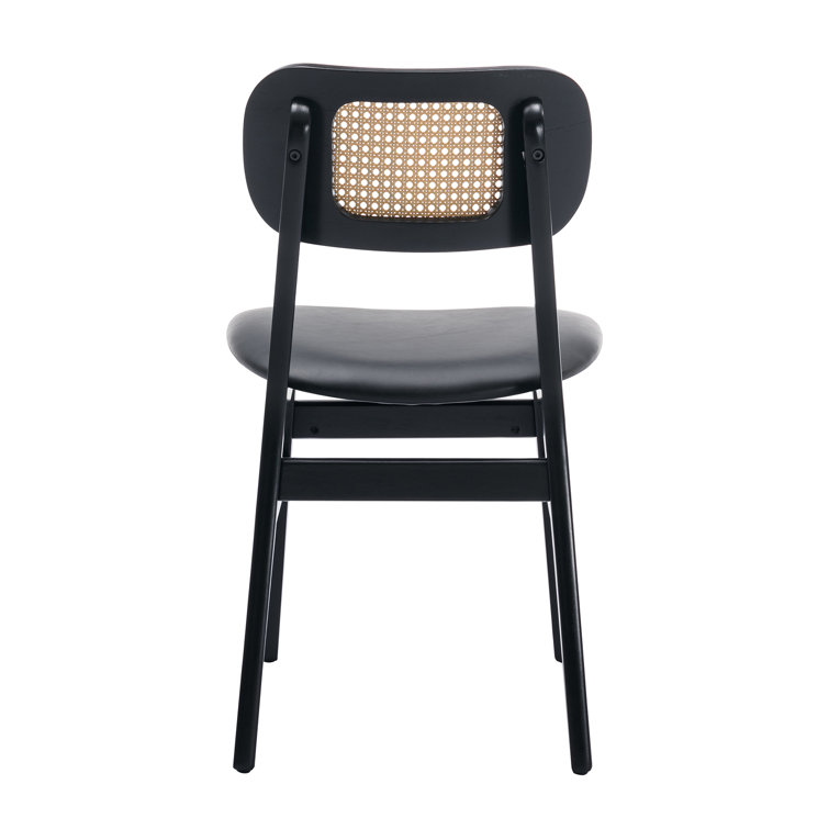 Black Faux Leather Upholstered Oak Wood Cane Back Side Chair Set