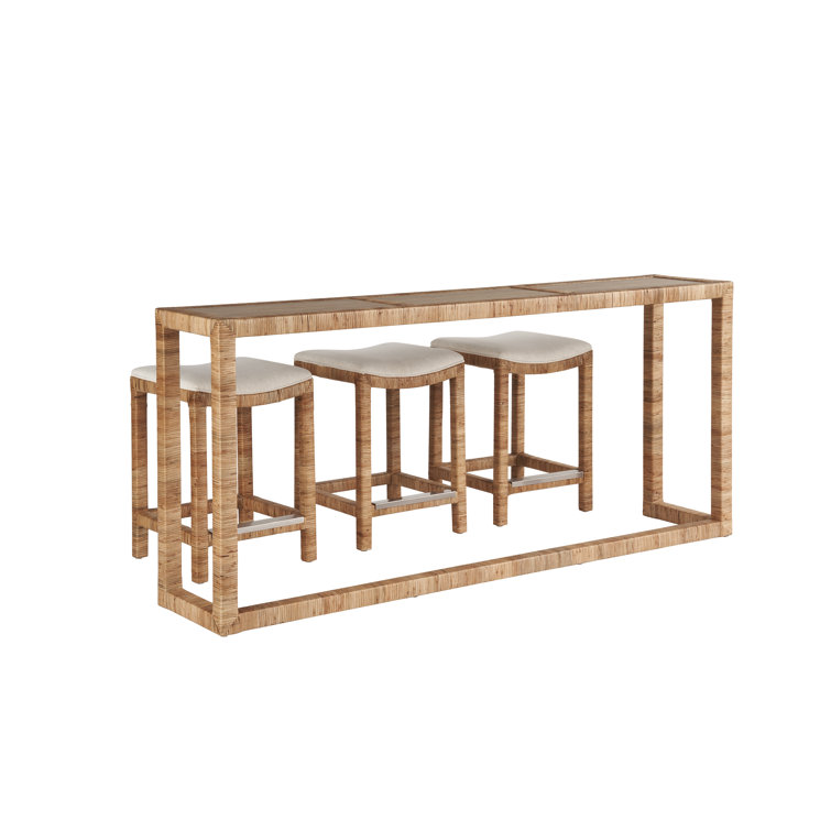 Natural Rattan Console Table with Stools and Stone Top