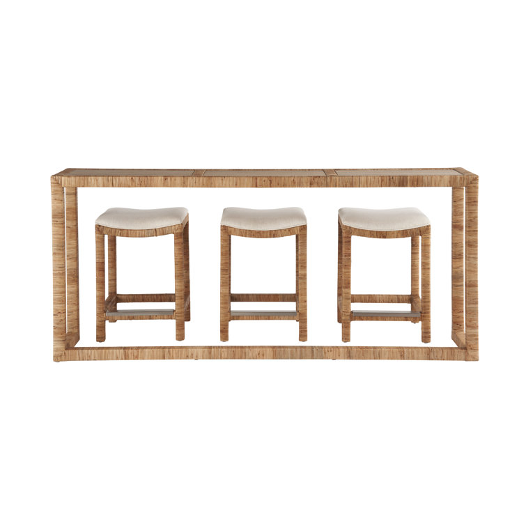 Natural Rattan Console Table with Stools and Stone Top