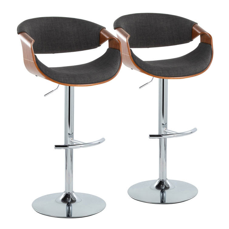 Adjustable Dark Gray Swivel Barstool with Walnut and Chrome