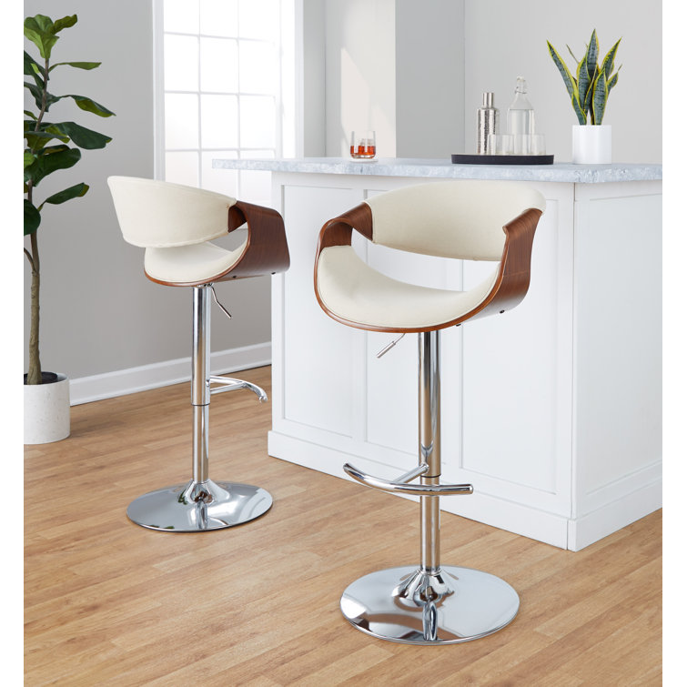 Beige Adjustable Swivel Barstool with Walnut Armrests and Chrome Footrest