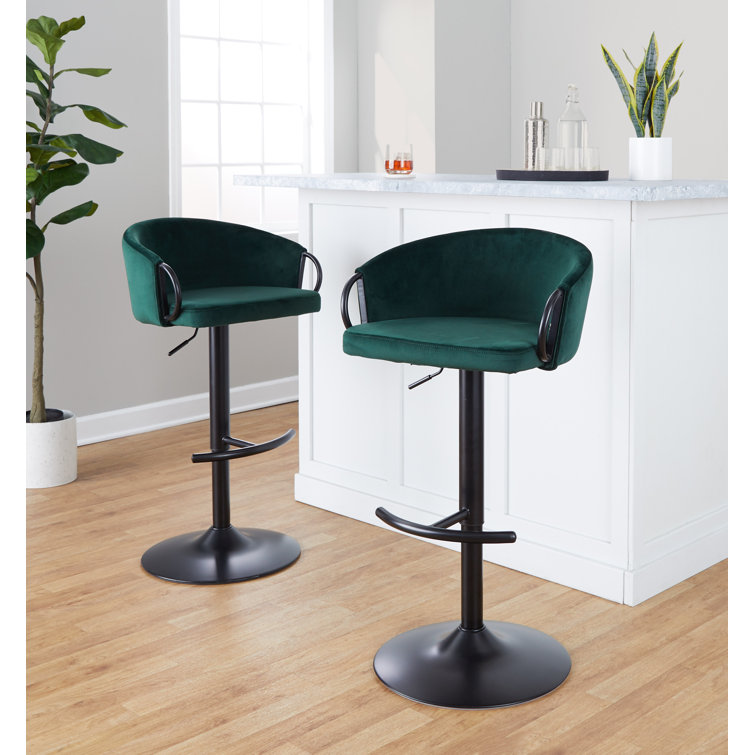 Green Velvet Adjustable Swivel Bar Stools with Metal Frame
