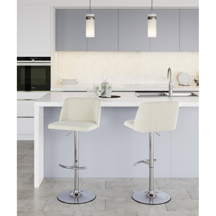 Cream Upholstered Adjustable Swivel Barstools with Chrome Base