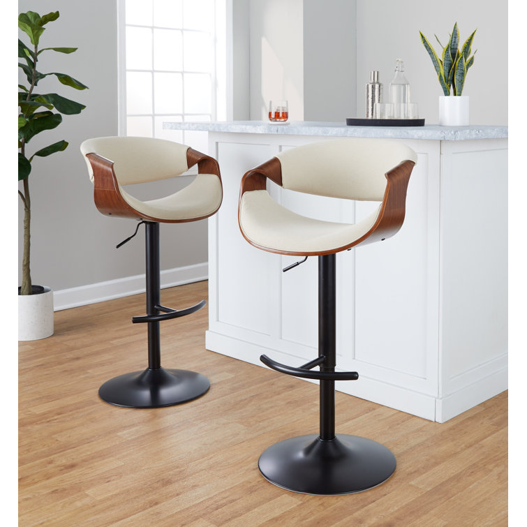 Cream and Black Adjustable Swivel Bar Stools with Wood Accents