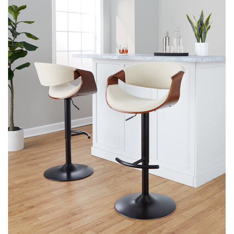 Cream and Black Adjustable Swivel Bar Stools with Wood Accents