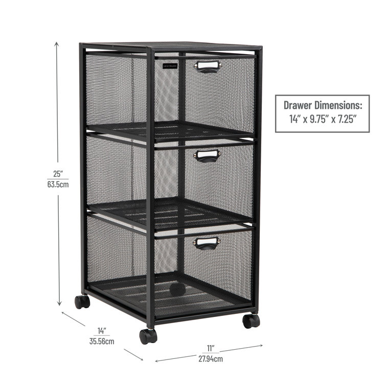 Minimalist Black Metal-Mesh 3-Drawer Mobile Storage Trolley