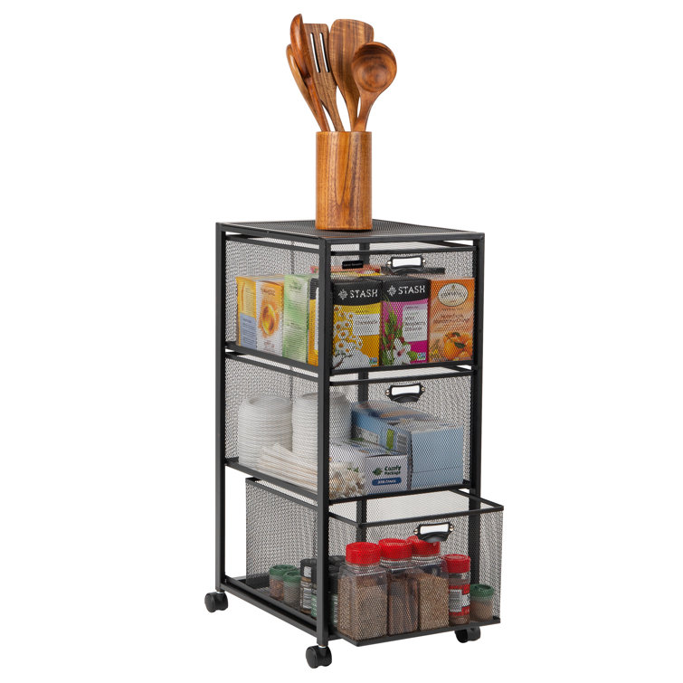 Minimalist Black Metal-Mesh 3-Drawer Mobile Storage Trolley