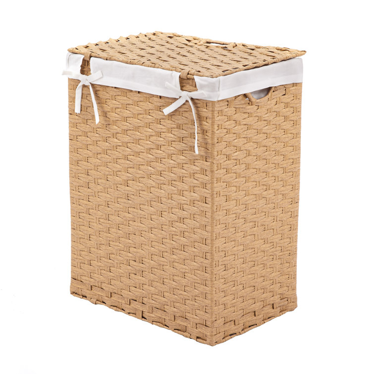 Tan Rectangular Wicker Collapsible Laundry Hamper with Lid
