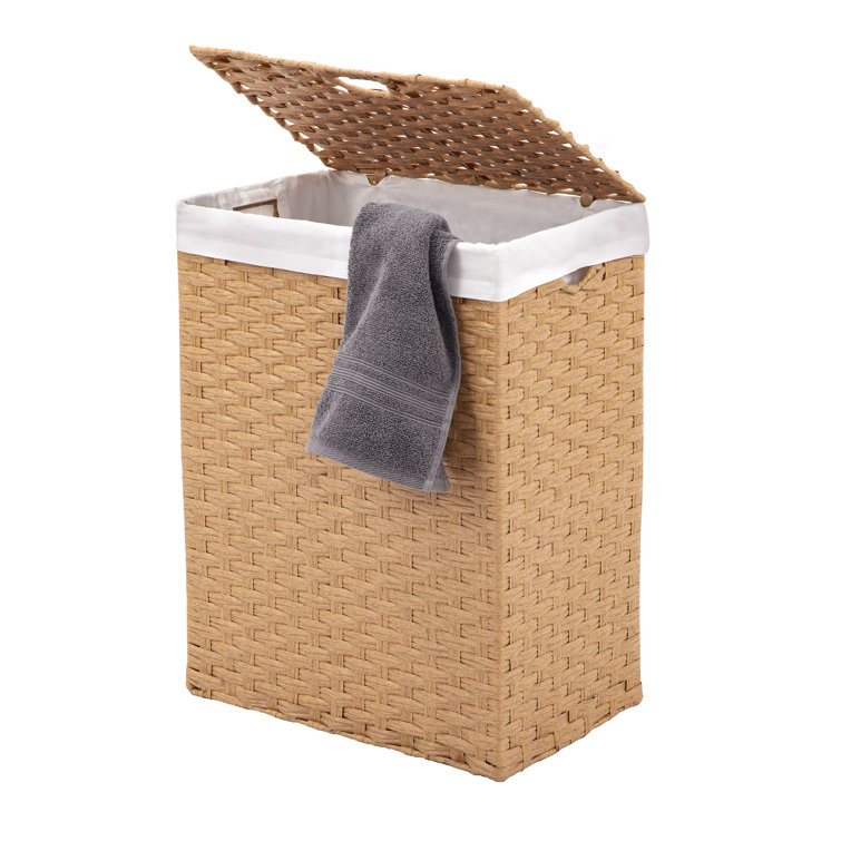 Tan Rectangular Wicker Collapsible Laundry Hamper with Lid