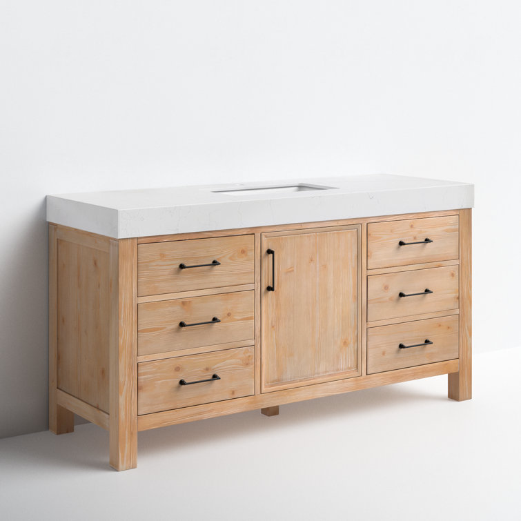 Leon 60" Fir Wood Brown Bathroom Vanity with White Composite Top