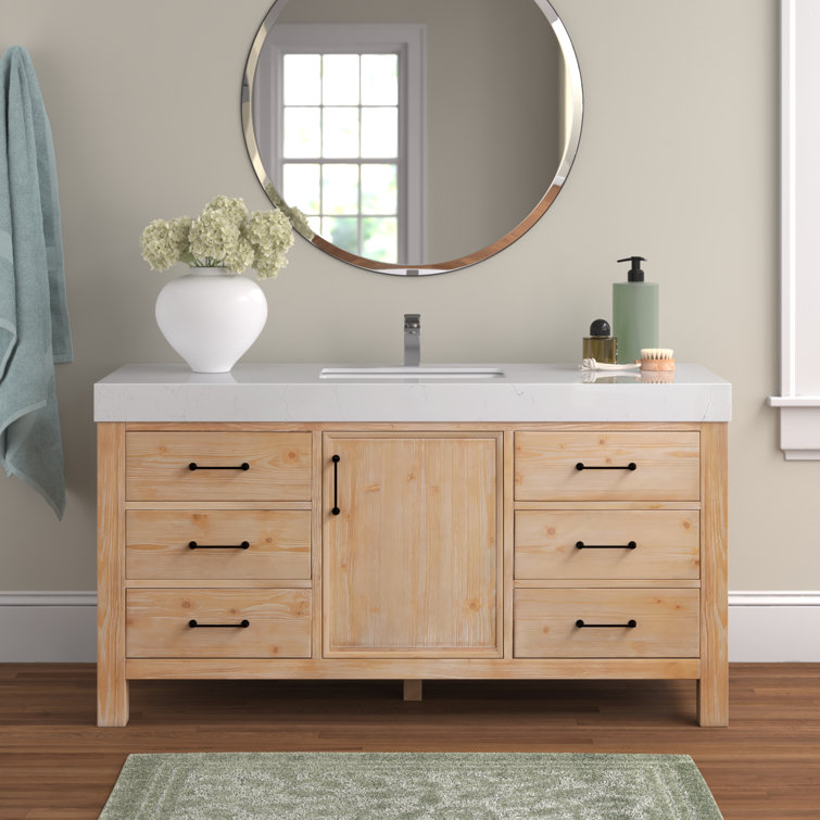 Leon 60" Fir Wood Brown Bathroom Vanity with White Composite Top