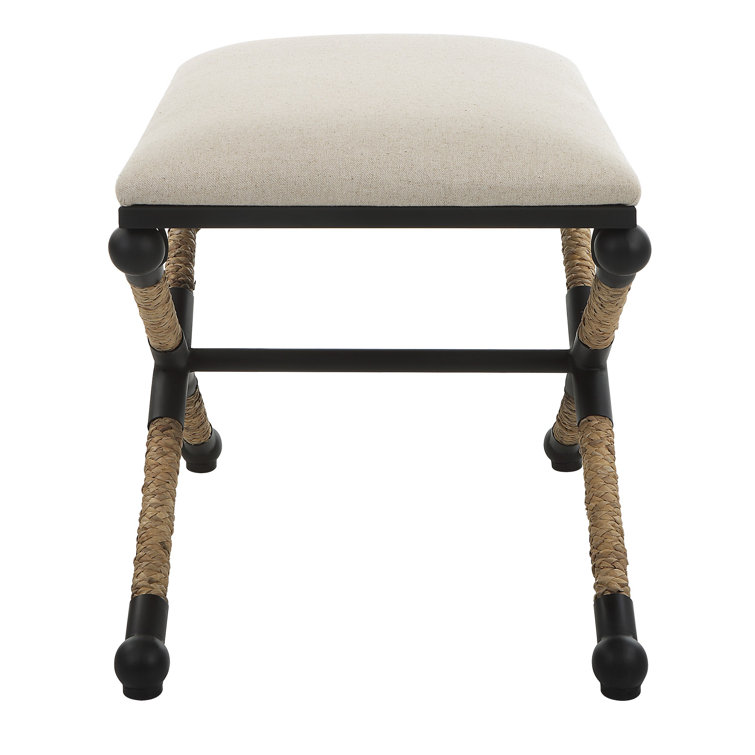 Oatmeal Cotton Upholstered Iron Frame Footstool with Braided Straw