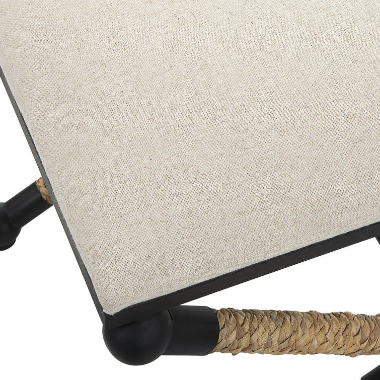 Oatmeal Cotton Upholstered Iron Frame Footstool with Braided Straw