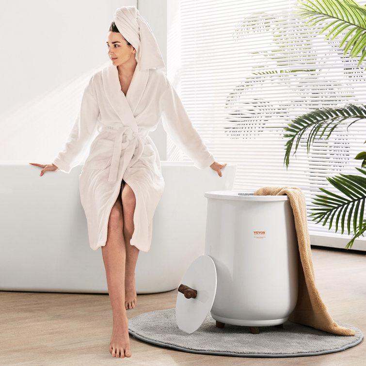 White 20L Freestanding Towel Warmer Bucket with Wood Accents