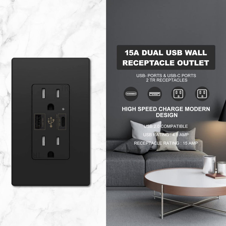 Black 15A Tamper Resistant Duplex Outlet with USB-C Ports