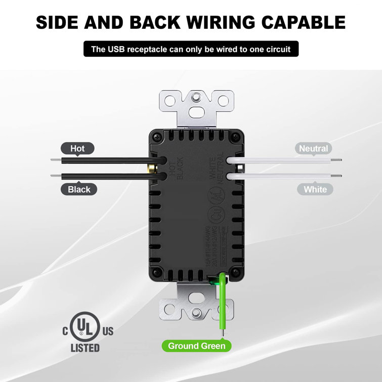 Black 15A Tamper Resistant Duplex Outlet with USB-C Ports