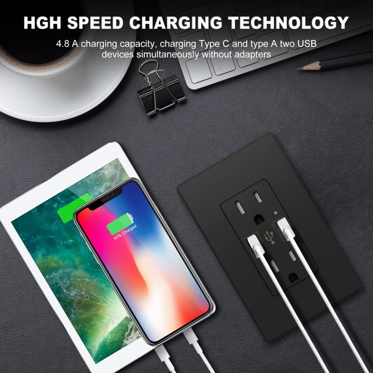Black 15A Tamper Resistant Duplex Outlet with USB-C Ports