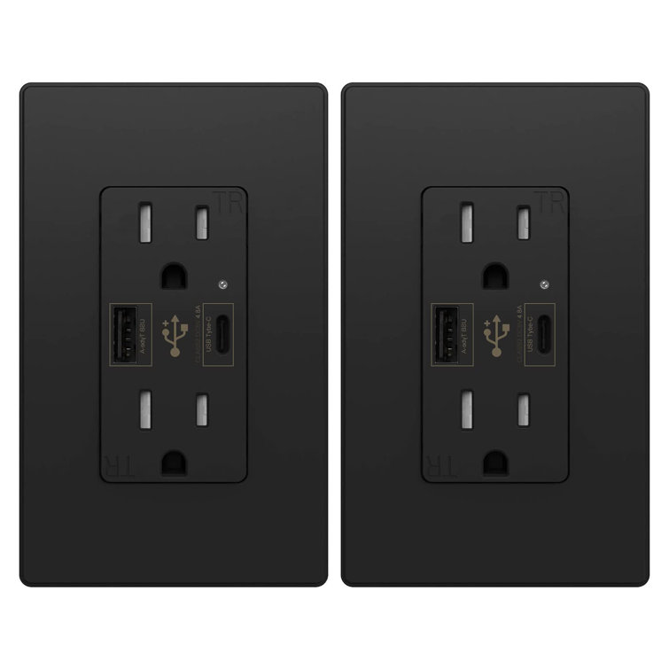 Black 15A Tamper Resistant Duplex Outlet with USB-C Ports