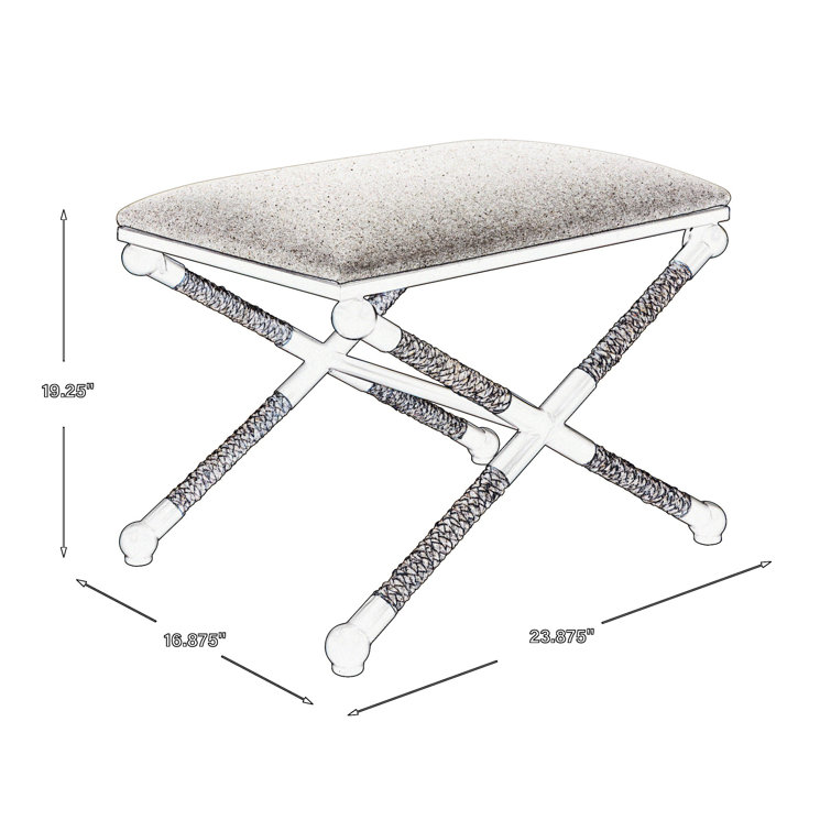 Oatmeal Cotton Upholstered Iron Frame Footstool with Braided Straw