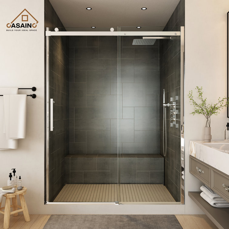 60" Chrome Frameless Sliding Shower Door with Tempered Glass