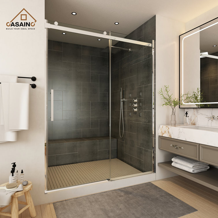 60" Chrome Frameless Sliding Shower Door with Tempered Glass