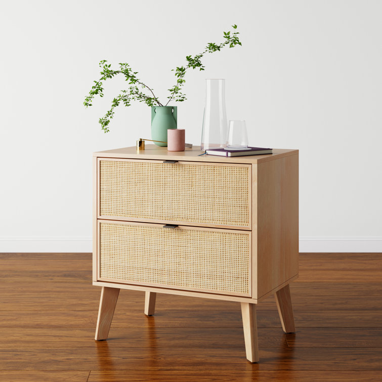 Natural Wood 2-Drawer Nightstand with Woven Cane Panels