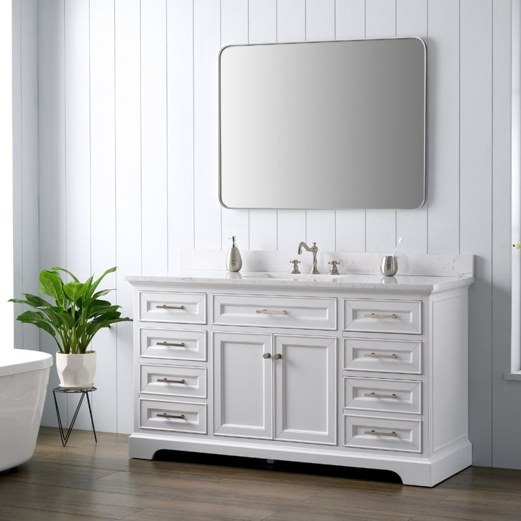 Thompson 60" White Solid Wood Single Bathroom Vanity with Engineered Stone Top