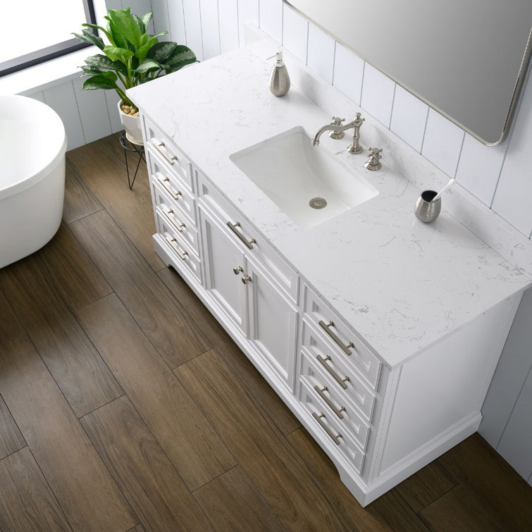 Thompson 60" White Solid Wood Single Bathroom Vanity with Engineered Stone Top
