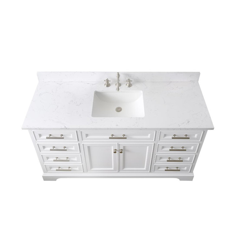 Thompson 60" White Solid Wood Single Bathroom Vanity with Engineered Stone Top