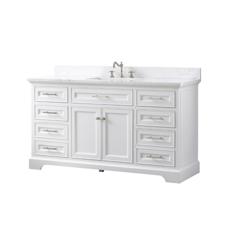 Thompson 60" White Solid Wood Single Bathroom Vanity with Engineered Stone Top