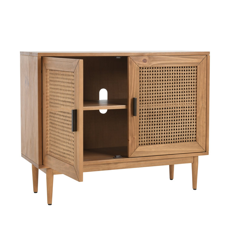 Natural Brown Pine Wood 2-Door Cane Accent Cabinet