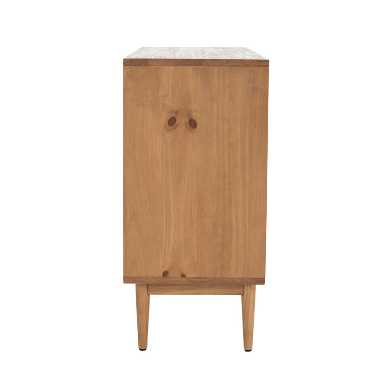 Natural Brown Pine Wood 2-Door Cane Accent Cabinet