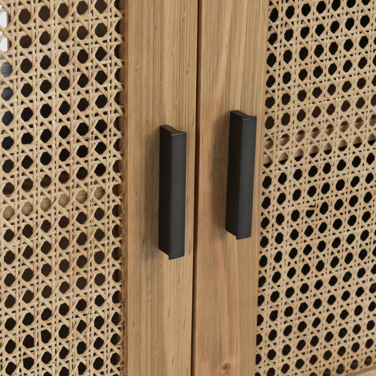 Natural Brown Pine Wood 2-Door Cane Accent Cabinet