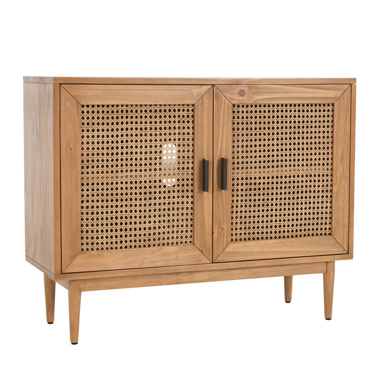 Natural Brown Pine Wood 2-Door Cane Accent Cabinet