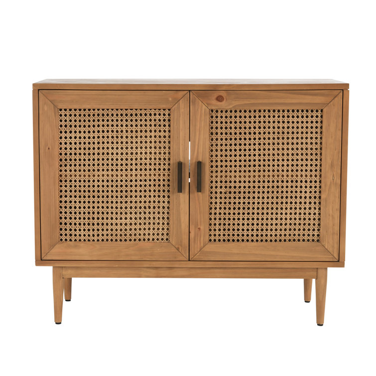 Natural Brown Pine Wood 2-Door Cane Accent Cabinet