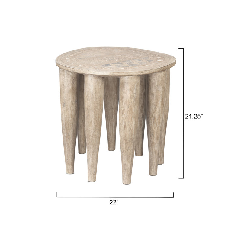 Natural Mango Wood Hand-Carved Side Table with Etched Top