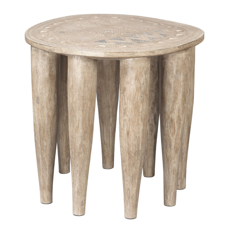 Natural Mango Wood Hand-Carved Side Table with Etched Top