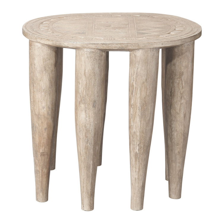 Natural Mango Wood Hand-Carved Side Table with Etched Top