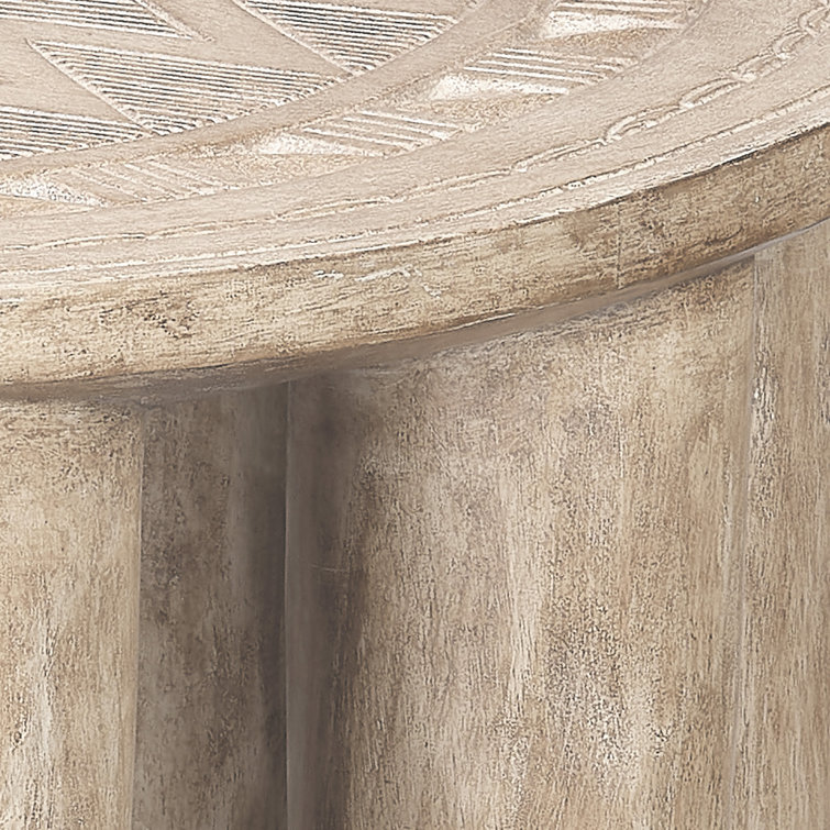 Natural Mango Wood Hand-Carved Side Table with Etched Top