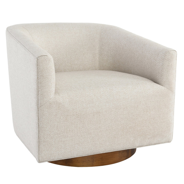 French Beige Basketweave Swivel Accent Chair with Wood Base