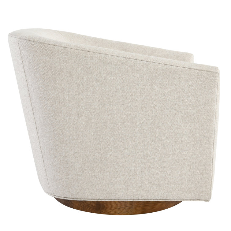 French Beige Basketweave Swivel Accent Chair with Wood Base